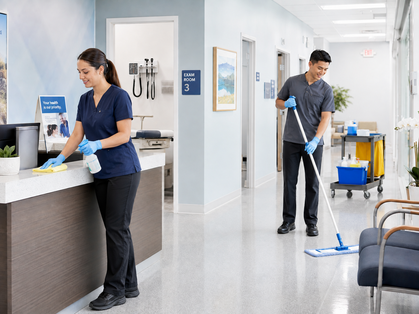 PremierSpark technicians disinfecting a reception counter and mopping a medical clinic hallway